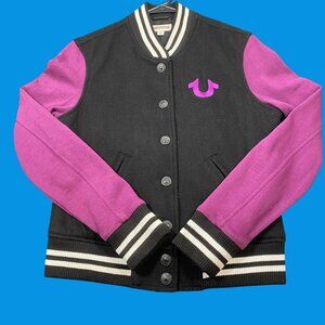 True Religion Womens Black & Purple Varsity Jacket Wool Blend Size S/P